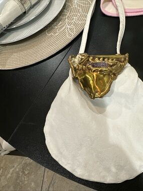 White Leather Crossbody Bag with Sculptural Gold Accent